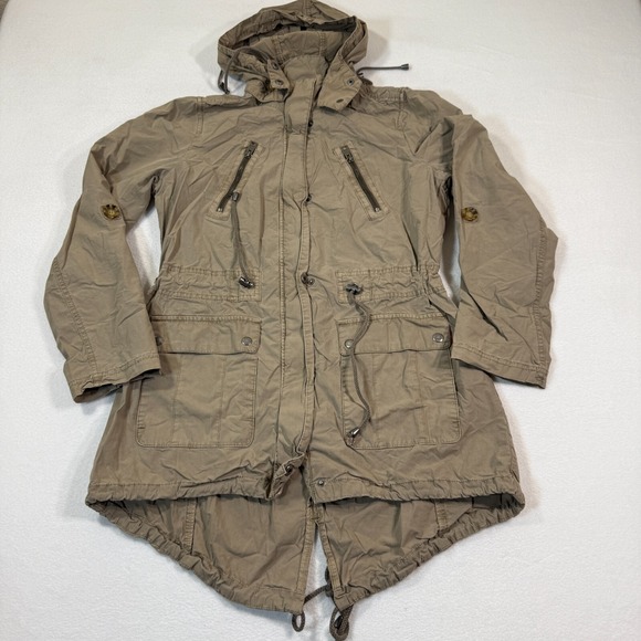 Levis Coat Jacket Women M Biege Hooded Full‎ ZipCasual Pockets y2k Cotton - Picture 1 of 11